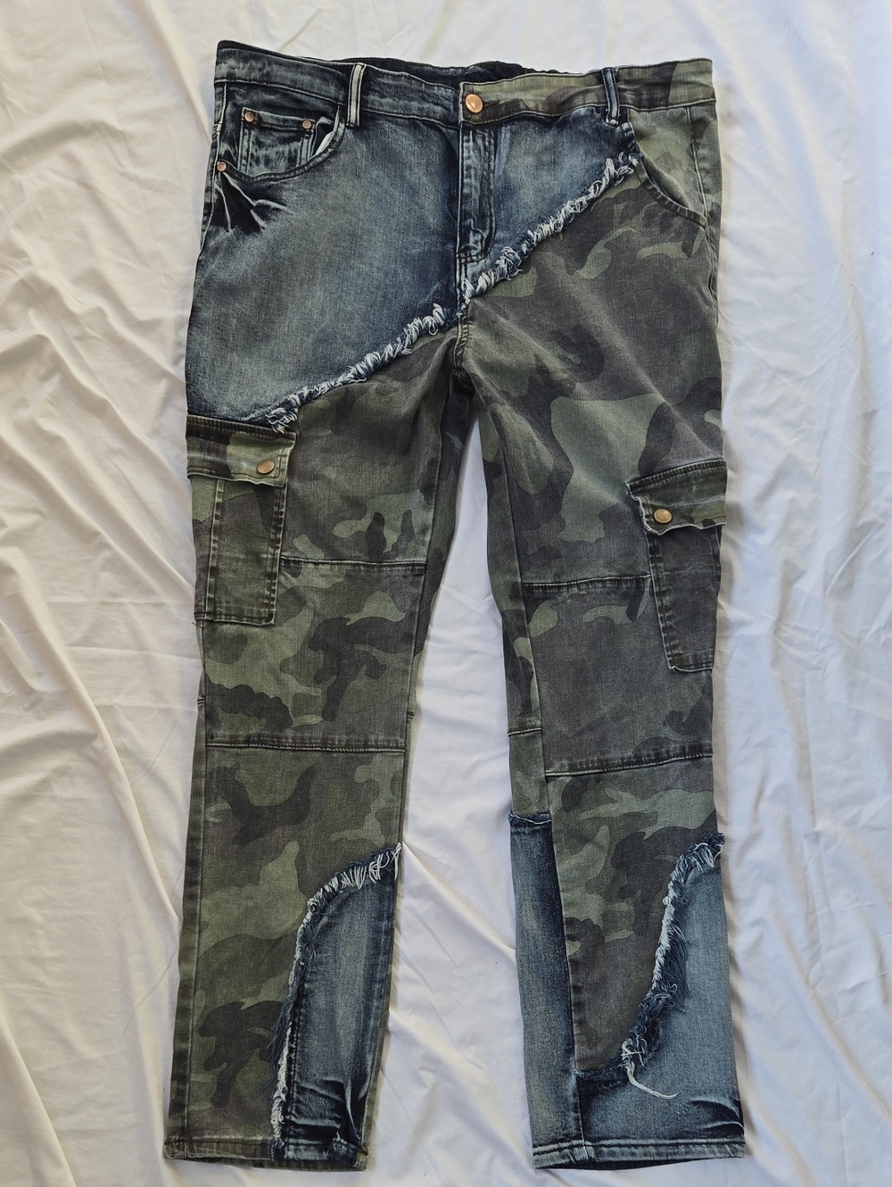 Men's Cargo Jeans With Dual Jean Fabric And Green Camo & Fringe Front & Back